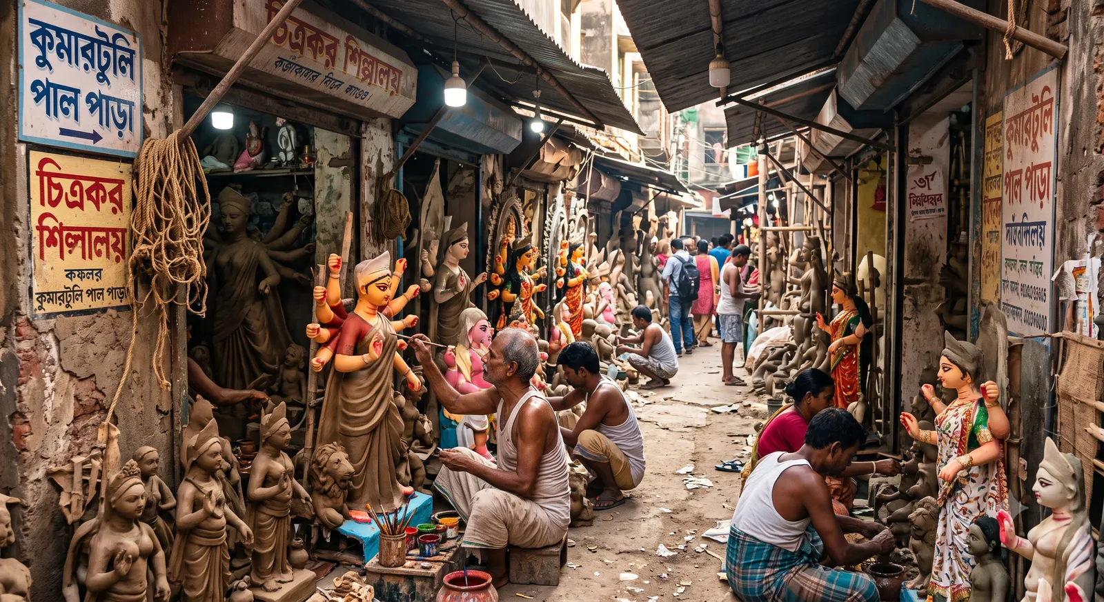 Artisans painting clay Durga idols in the narrow lanes of Kumartuli, Kolkata