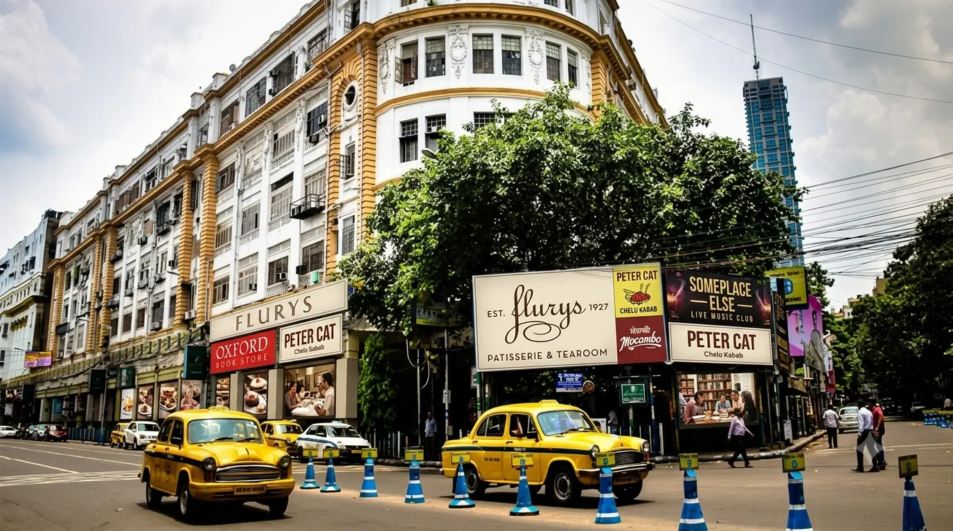 Park Street, Kolkata — lit up at night with restaurants and cafes
